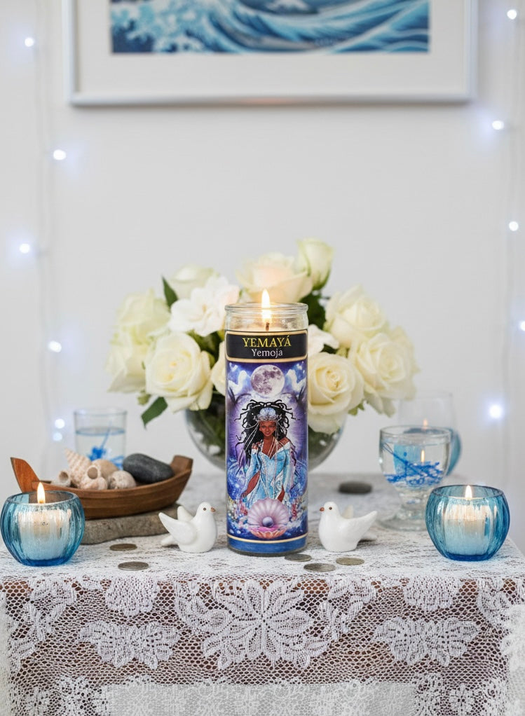 Yemaya 7-Day Candle Ritual Set with Natural Crystal Protection Necklace & Sacred Herbal Blend for Emotional Healing and Spiritual Connection