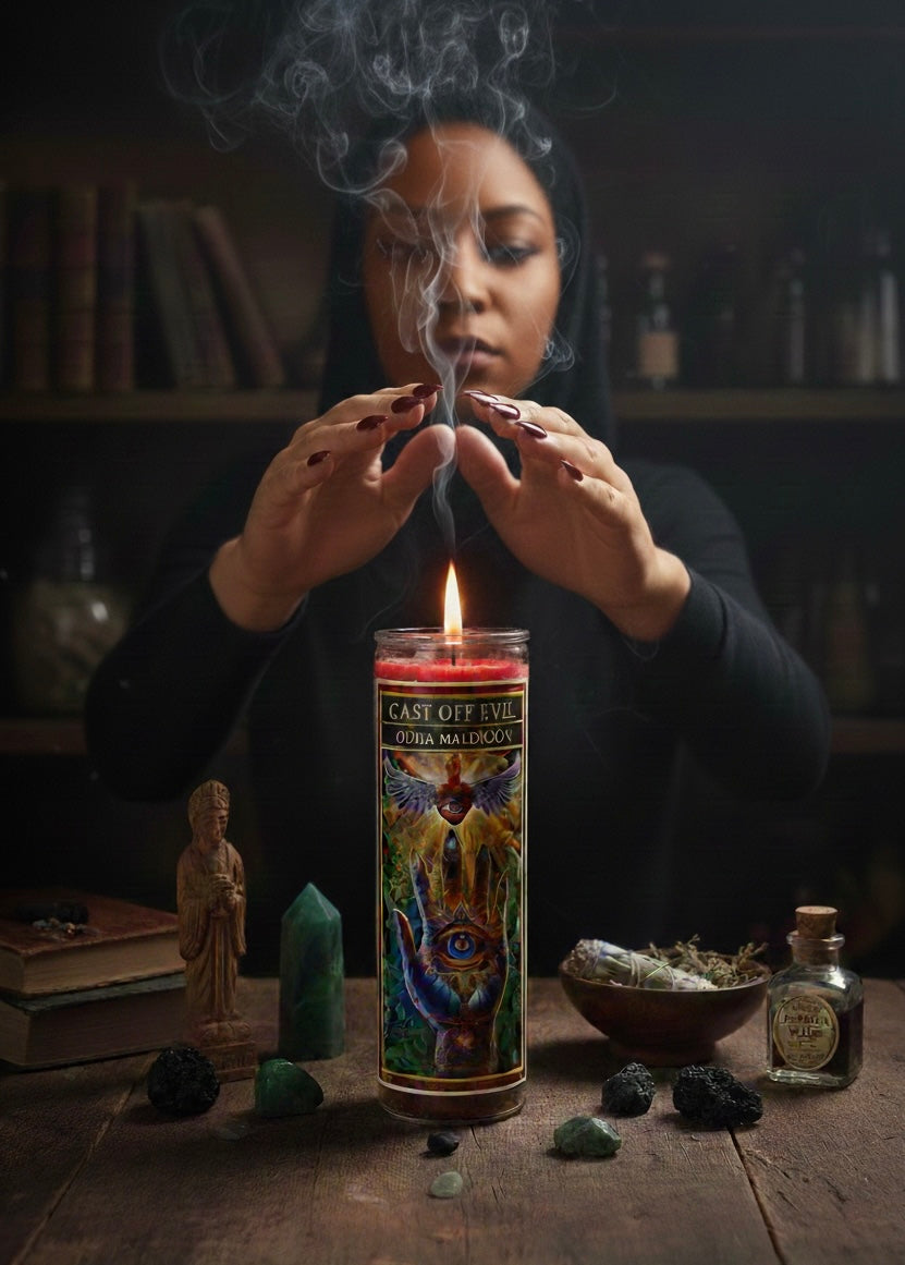Cast Off Evil Quita Maldición 7-Day Candle Ritual Set with Natural Black Obsidian Stone and Herbal Protection Blend for Spiritual Cleansing and Protection