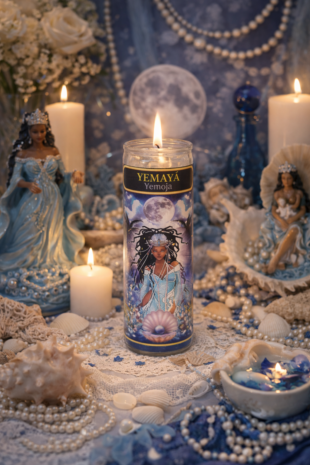 Yemaya 7-Day Candle Ritual Set with Natural Crystal Protection Necklace & Sacred Herbal Blend for Emotional Healing and Spiritual Connection