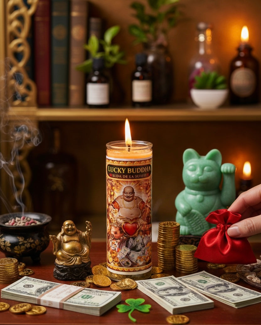 Lucky Buddha 7-Day Candle Ritual Set for Prosperity with Herbs Buddha Statue for Luck Financial Growth and Business Success