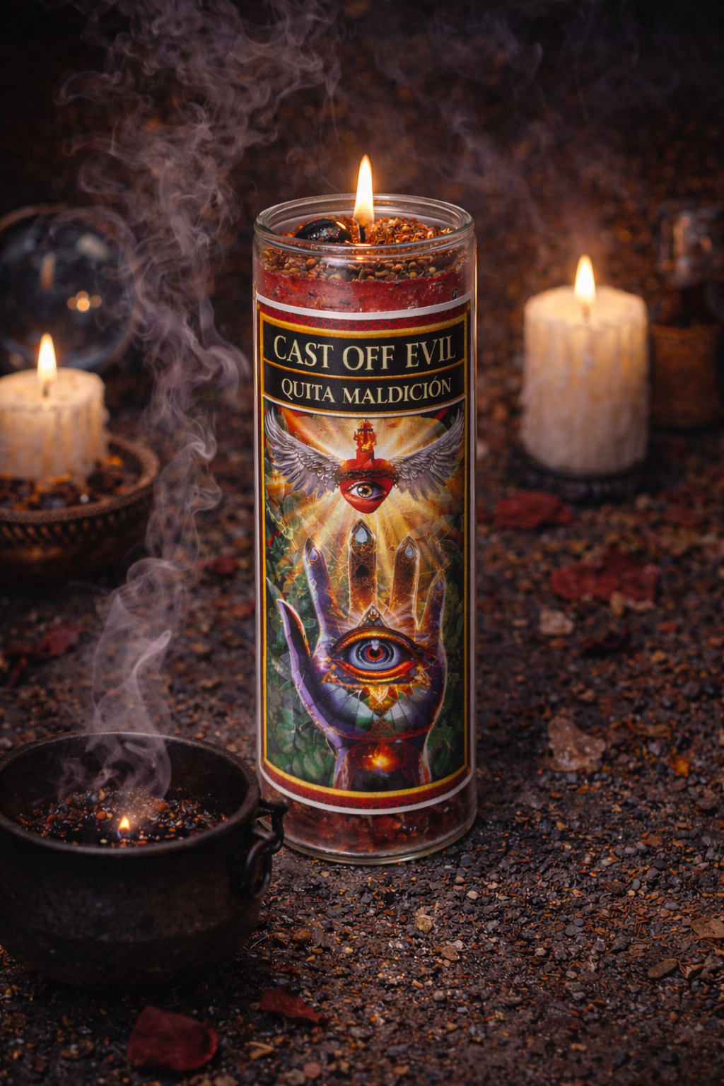 Cast Off Evil Quita Maldición 7-Day Candle Ritual Set with Natural Black Obsidian Stone and Herbal Protection Blend for Spiritual Cleansing and Protection