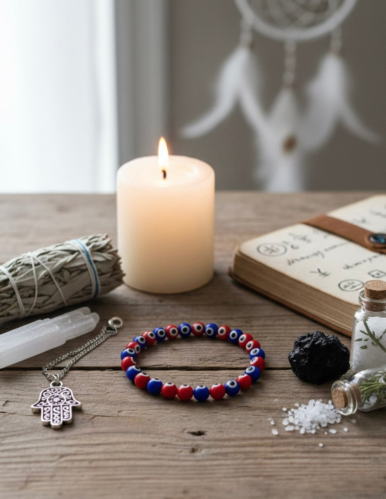Dual Shield Evil Eye Protection Bracelet with Red and Blue Beads