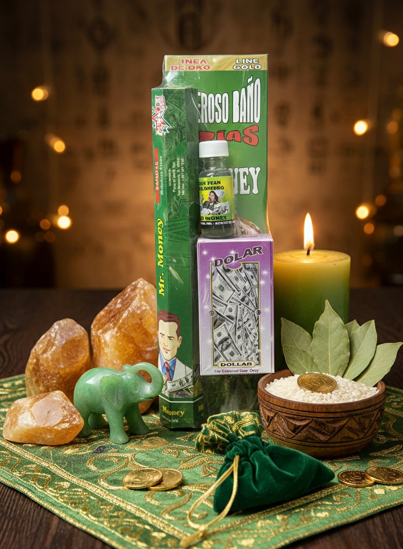 7-Day Mr. Money Wealth Ritual Bath Kit (Spiritual Bath, Bar Soap, Oil, Candle and Incense)