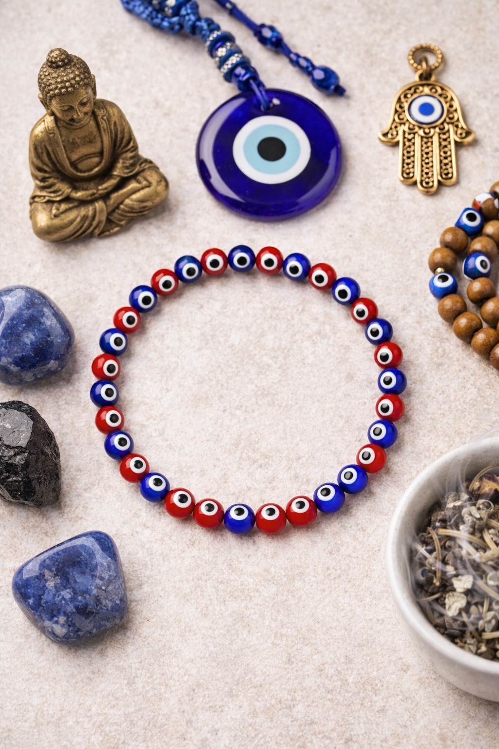 Dual Shield Evil Eye Protection Bracelet with Red and Blue Beads